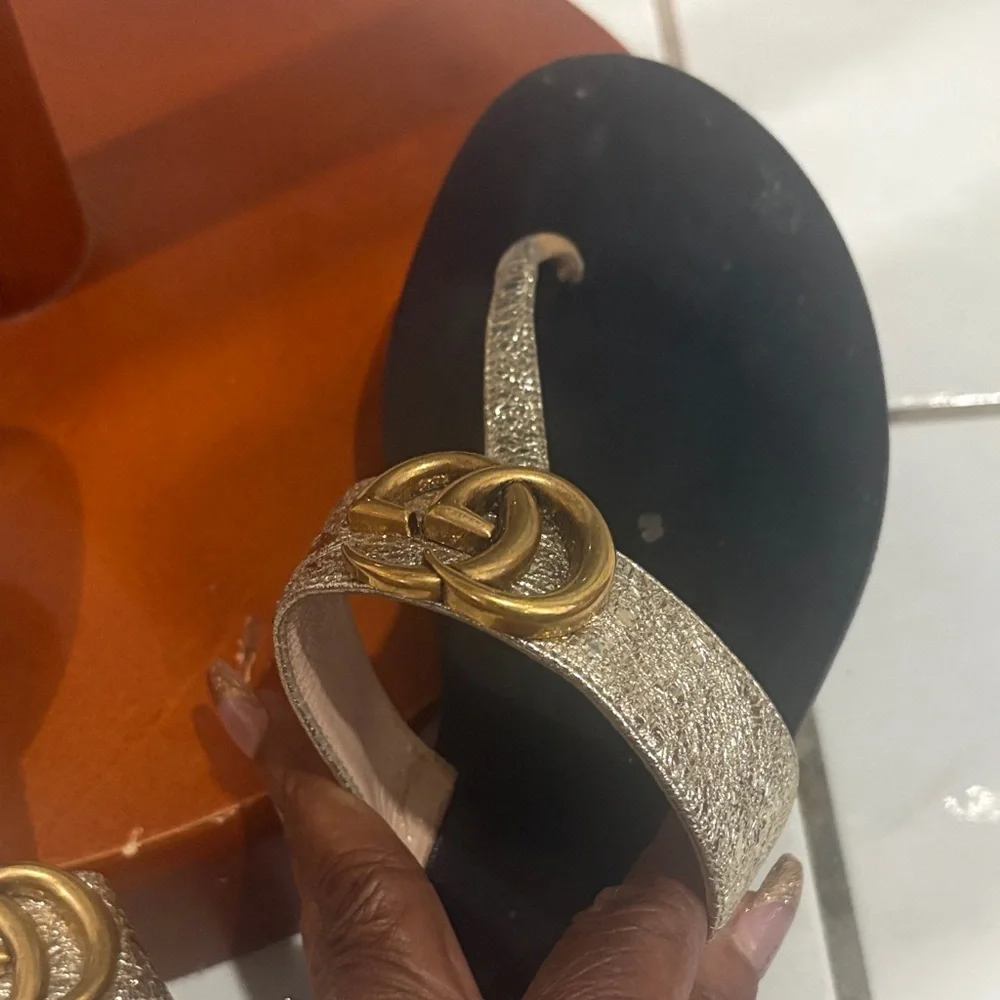 Gucci Black Footbed Sandals with Gold Metallic Straps